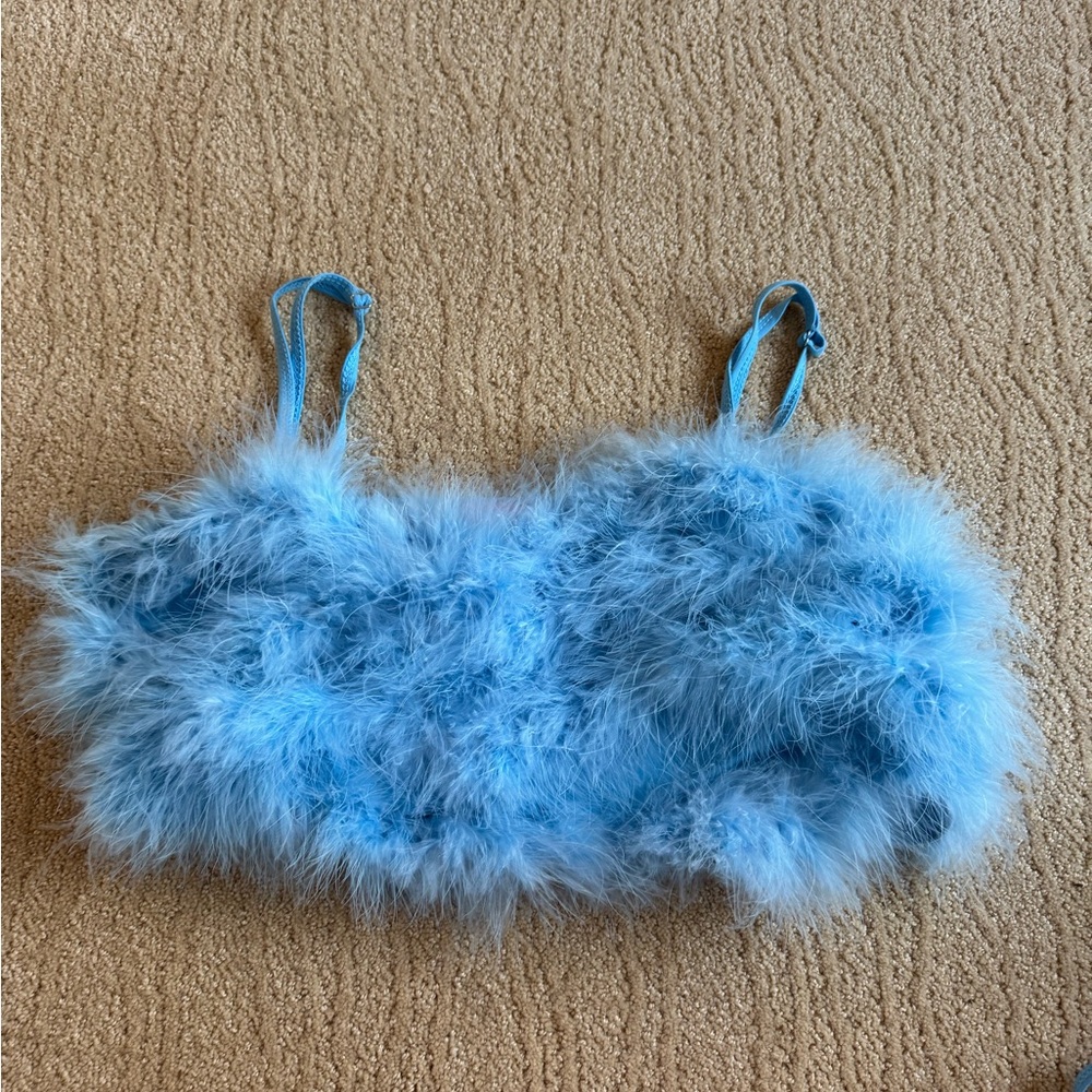 Blue Feathered Fuzzy Crop Top - Women